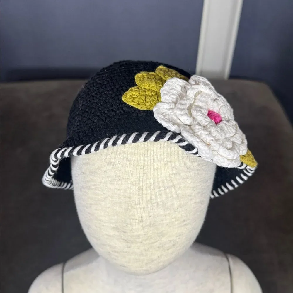 Daisy Baby Black Crocheted Sun Hat Layered Flower 100% Cotton 6-12 months NEW